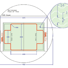 Illustration of the 2009 nanosoccer field of play, which is covered with conductive electrodes that have a half-pitch of 14 micrometers.