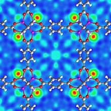 A neutron-scattering image reveals where hydrogen molecules (red-green, concentric circles) connect to a zinc-based "scaffold" under development as a promising hydrogen storage material. 