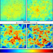 The four images (taken with scanning laser confocal microscopy) show variations in surface roughness of an aluminum alloy as produced by increasing amounts of strain