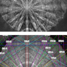 Transmission electron diffraction pattern from from a segment of an indium gallium nitride (InGaN) nanowire about 50 nanometers in diameter taken with an SEM using the new NIST technique 