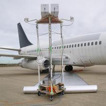 Testing equipment being used by NIST scientists in recent research mapping radio frequency penetration of airframes, in this case a Boeing 737-200. 