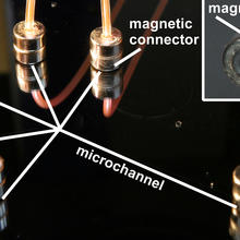 Photograph showing the use of the NIST magnetic connectors with a microfluidic device designed to generate liposomes. 