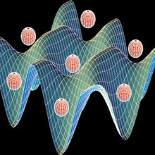 This illustration shows how neutral atom qubits can be trapped in an optical lattice made of intersecting laser beams.