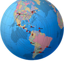 Globe showing the 16 member countries of the Sistema Interamericano de Metrologia (SIM) Time Network