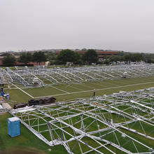 Overall view of the collapsed Dallas Cowboys practice facility after the fabric covering was removed.