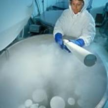 Biologist Barbara Porter removes a container of tissue samples in NIST Biomonitoring Specimen Bank for analysis