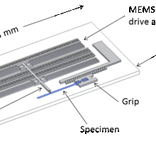 Schematic of MEMS fatigue test instrument with a specimen inserted.