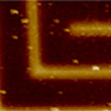 Non-destructive EFM subsurface image on metal lines buried in 800nm thick glass, full scale: 35 degree. The white bar is 10 &#181;m.