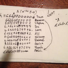 Image of a napkin that has written on it the names of researchers involved in the project and their guesses for the value of Planck's Constant