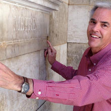 Doug Olson with an engraved meter in Paris