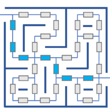 A maze is formed by a network of memristors. When applying voltage of at the entrance and exit of the maze, the conductances of the memristors will evolve. The memristors forming the shortest path will eventually have a high conductance (light blue rectan