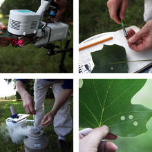 A composite of four close up images of scientists taking measurements and tissue samples from leaves