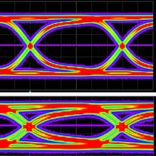 Two rectangular boxes with oblong shapes in the center of each in red, green and fuscia