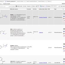 Screen capture showing results from the NPS data hub that include chemical structures, names, formulas, CAS numbers, link to safety data sheet, molecular weight, tags, and links to additional information. 