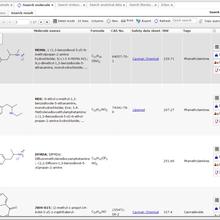 Screen capture showing results from the NPS data hub that include chemical structures, names, formulas, CAS numbers, link to safety data sheet, molecular weight, tags, and links to additional information. 