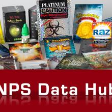 Photograph of colorful psychedelic packaging bags designated NPS Data Hub in large bold letters