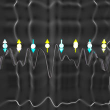 Illustration showing small circles with arrows bisecting them, pointing either up or down. There are cloudy, wavy horizontal lines in the background.