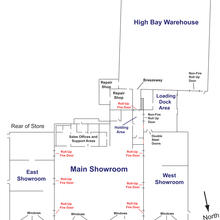 The High Bay Warehouse is in the upper right corner. Main Showroom bottom middle with the East Showroom to the left and the West Showroom to the right.