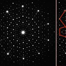 Appearing as white dots on a black background, these electron diffraction patterns are from crystals with five- (right) and tenfold (left) symmetry.