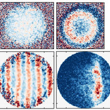 Four images composed of diffuse red, white and blue patterns.