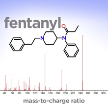 A graph with vertical lines showing the mass spectrum of fentanyl