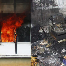 Color photograph of before and after dorm room fire. First picture is a brick building with flames coming through windows. Second picture is inside room covered in black residue.  