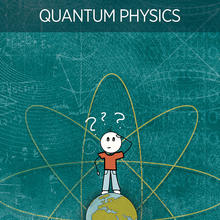 Illustration of a human figure standing on top of the earth with electron paths circling it, and with question marks over their head. The title "Quantum Information" is at the top.