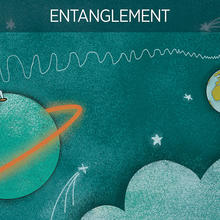 illustration of entanglement showing two people on different planets who are connected