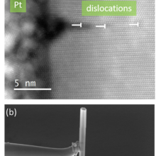 Examples of work in the Precision Imaging Facility.  (a) STEM image of a crack (dislocation) formed during growth of an AlGaN shell around a GaN nanowire, and (b) FIB fabrication of an AFM tip with a GaN nanowire contact point.