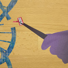 Artwork shows a hand with tweezers inserting a piece of DNA in a larger strand. The smaller piece has a black and white barcode attached.