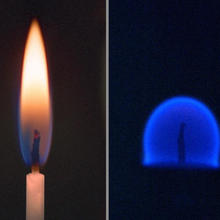 Two candle flames are seen, one in Earth's gravity which is long and pointed and the other in microgravity, which is spherical.