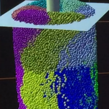 Snapshot from a simulation of the mortar SRM in a double-helix rheometer. The white plane shows the initial location of the top of the suspension before starting the rheometer.