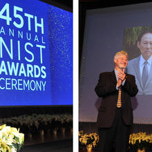 The image on the left shows Under Secretary of Commerce for Standards and Technology and NIST Director Walter G. Copan at a podium in front of a screen showing the words 45th Annual NIST Awards Ceremony. The image on the right shows Copan congratulating H