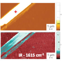 a pair of false-color images showing a peptide on the scale of a millionth of a meter