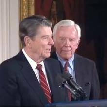 President Ronald Reagan and Secretary of Commerce William Verity Jr. at first Baldrige Awards ceremony.