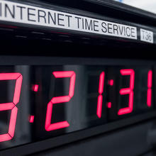 Close-up, cropped view of display of one of the NIST time server boxes