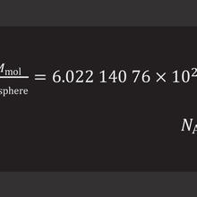 N subscript A equals 8V / a (subscript 0 superscript 3) times M (subscript mol) / m (supscript sphere) equals 6.02214076 x 10 (superscript 23)