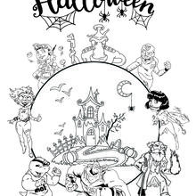 coloring sheet with haunted house, graveyard, pumpkins and the SI Superheroes