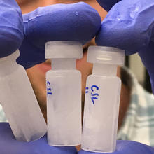 purple-gloved researcher holding three vials up to the camera
