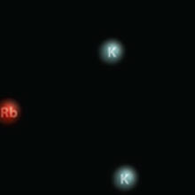 black background with 3 red balls labelled Rb and 3 blue balls labelled K