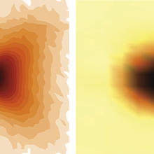 two images. Left has a dark center with a butterfly like pattern in different shades of orange around it. Right image: dark round center with orange ring and then yellow