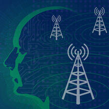 illustration: robotic head with three radio communication towers overlaid on top of it.