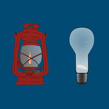 Blue background. Candle. Oil lamp. Light bulb. Newer light bulb.