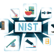 Illustration says "NIST" surrounded by images of everyday objects like a toothbrush and a cereal bowl.