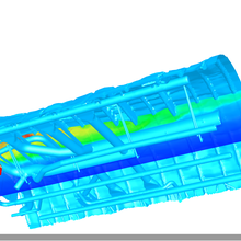 A 3D render of a gas burner producing smoke inside an airliner's overhead compartment. 