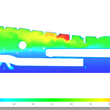 A 3D rendered cross-section of a 747's 3D overhead compartment shows smoke collecting near the ceiling, between supporting elements.