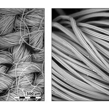 Two images: woven rayon fibers on left, close-up of one rayon fiber on right. vvvv