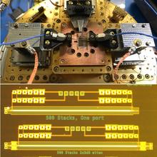 Figure 3: (Top) RF JAWS chip with microwave probes on the cold stage of a cryogenic probe station, and (bottom) a few of the Josephson junction circuits on the chip.