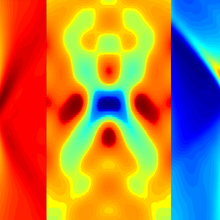 Three brightly colorized micrographs of small objects.