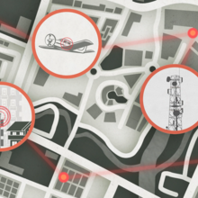 Still from animation shows map with icons of buildings, airplane, satellite tower. 